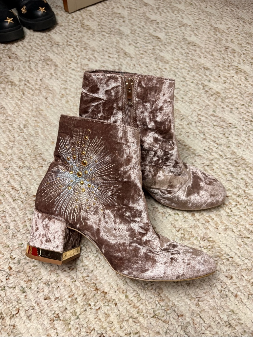 Design Lab Lord & Taylor Blush Velvet Embellished Block Heel Ankle Boots
